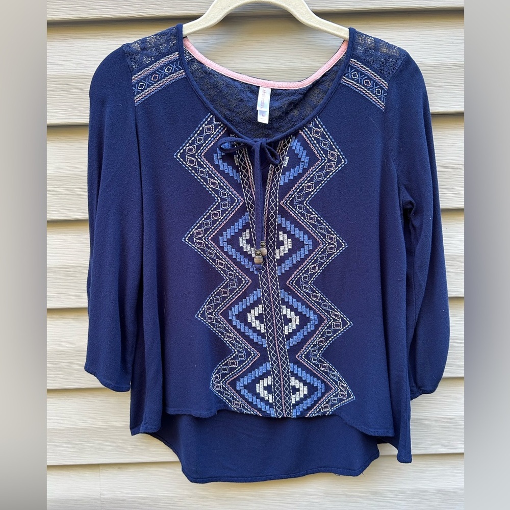 Xhilaration Size M blue embroidered Aztec stitched peasant blouse boho Y2K